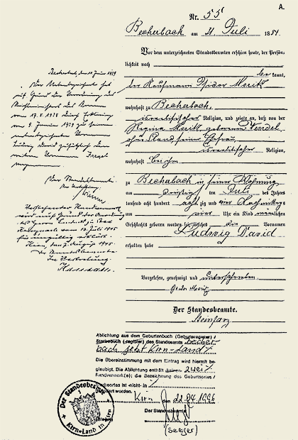 Ludwig David Moritz' amended birth certificate
